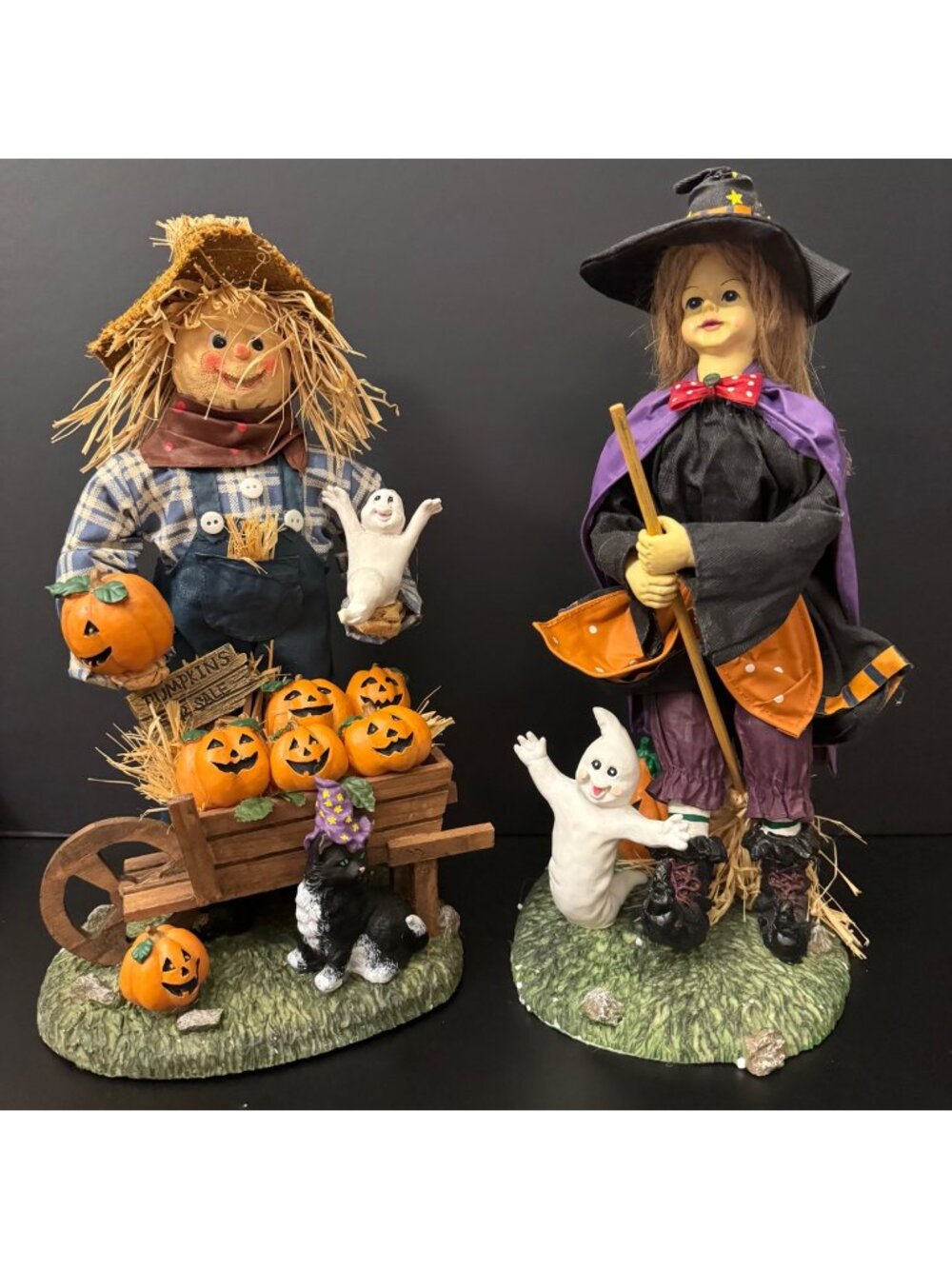 Scarecrow & Witch 13" Fabric Mache Halloween Figurines With Pumpkins Ghosts & Do